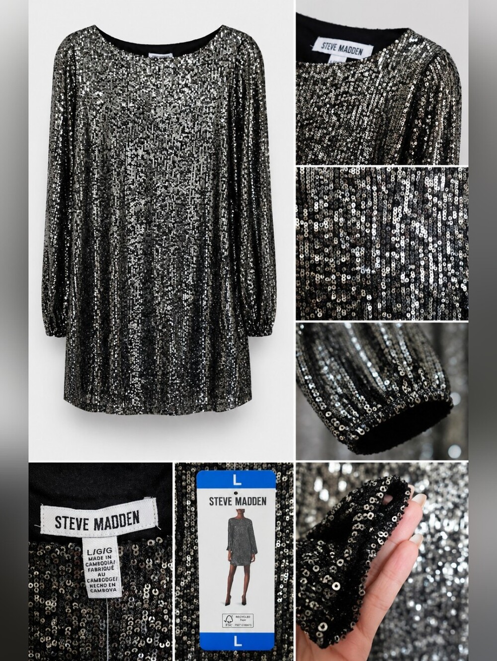 NWT Steve Madden Sequin Mini Dress Size Large Black Silver Long Sleeve Party.